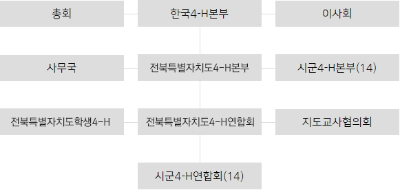 4H회는 총회, 한국4-H본부, 이사회로 구성되어 있고,
한국4-H본부 하위에 사무국, 전북특별자치도4-H본부, 14개 시군4-H본부가 있으며
전북특별자치도4-H본부 하위에 전북특별자치도학생4-H, 전북특별자치도4-H연합회, 지도교사협의회가 있고 
전북특별자치도4-H연합회 하위에 14개 시군4-H연합회가 있다.